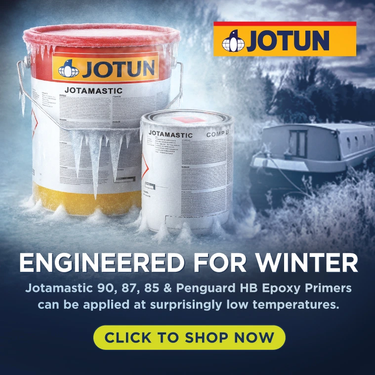 Cold weather image of a wintergrade paint tin and a narrowboat