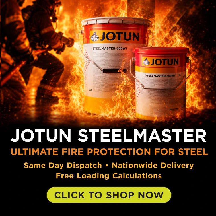 Jotun Steelmaster Intumescent paint showing a roller coating a steel beam