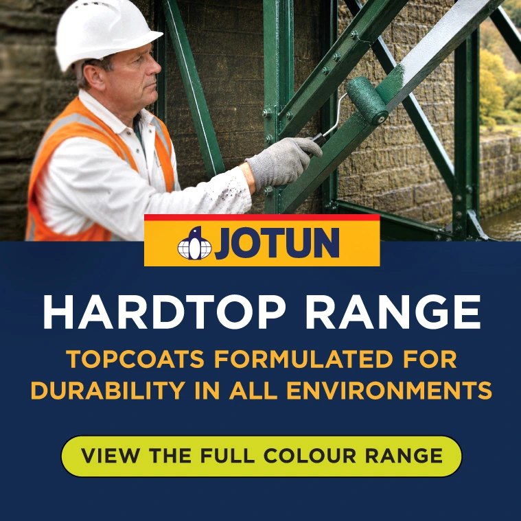 Jotun Hardtop Topcoat being applied to a steel bridge structure and colourwheel