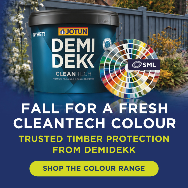 A large 10 litre tin of DemiDekk Cleantech in front of a garden path with Autumnal trees and plants in the boarder