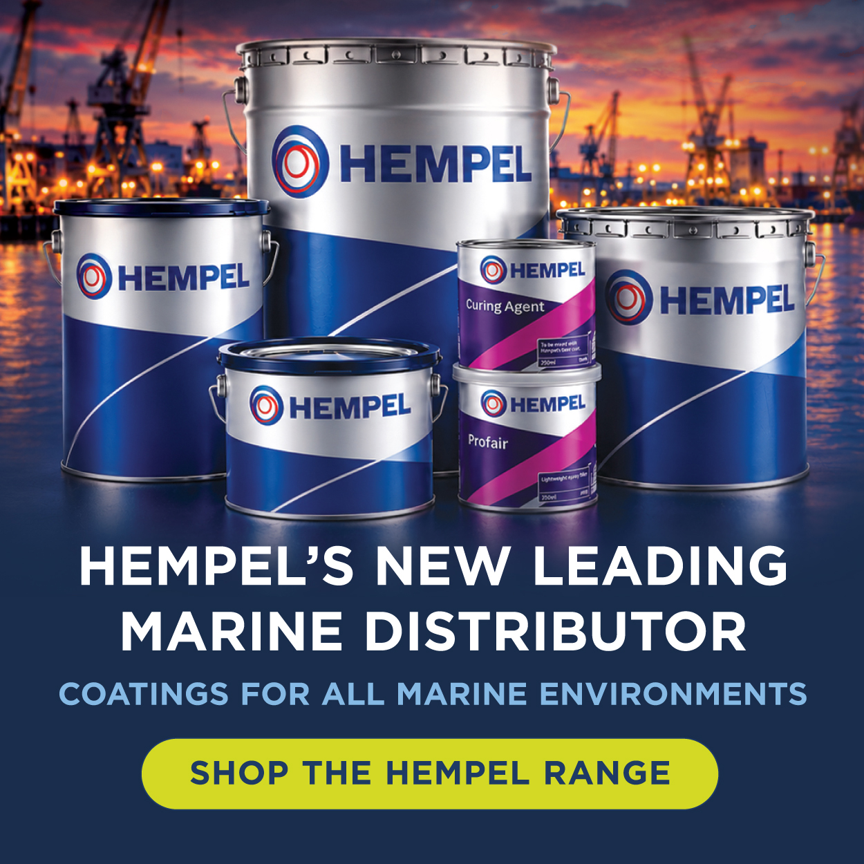 Hempel's New Leading Marine Distributor with hero group shot of products and dockland vista