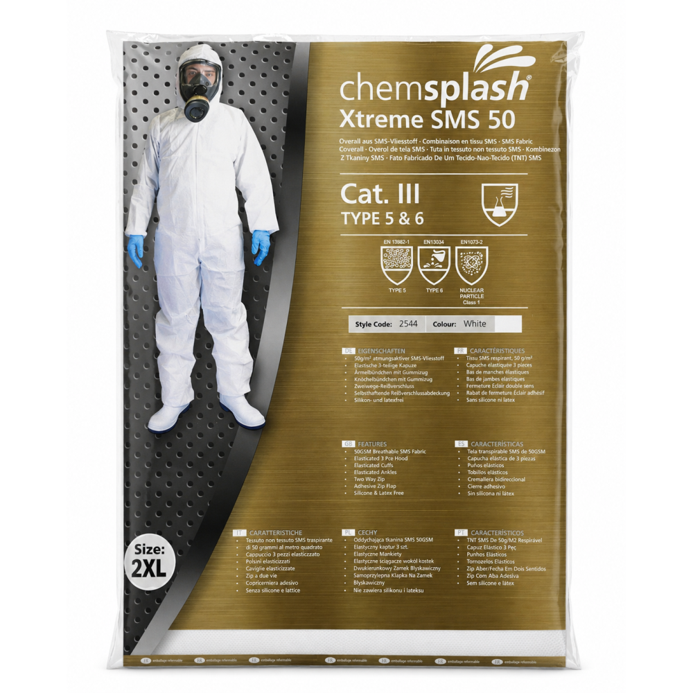 A single pack containing a white ChemSplash Xtreme SMS 50 Cat III two-way front zip lightweight and breathable coverall