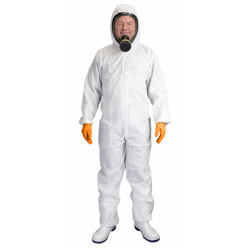 A man wearing a White ChemSplash Xtreme SMS 50 Cat III two-way front zip lightweight and breathable coverall
